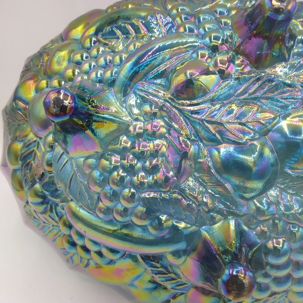 Indiana Glass Harvest Grapes Carnival Iridescent Blue Footed Large Oval Bowl - Picture 2 of 11